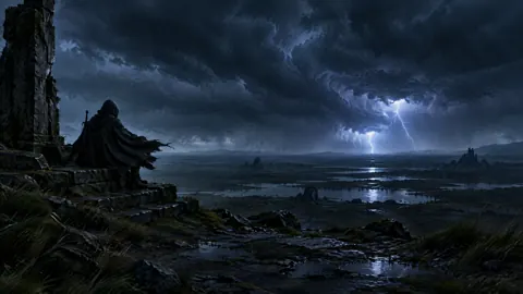 Cloaked Traveler Above Storm Plain