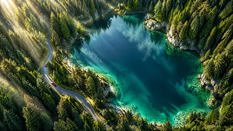 Red Car by Turquoise Lake