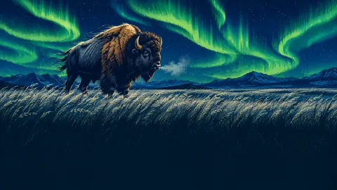 Bison Beneath Green Auroras