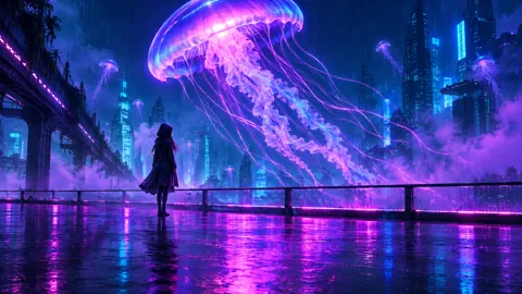 Hooded Woman Under Giant Jellyfish