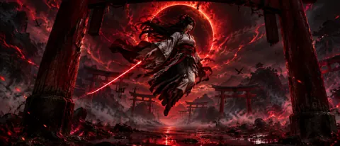 Kimono Warrior Under Red Eclipse
