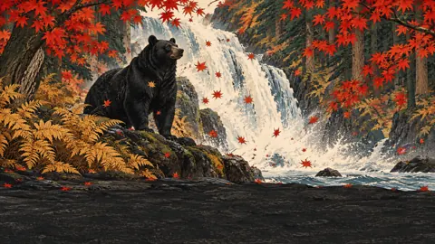 Black Bear by Autumn Waterfall