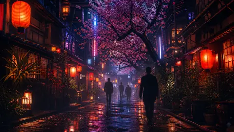 Neon Yokocho With Sakura