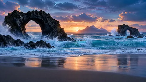 Turquoise Waves Through Basalt Arches