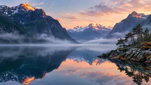 Snowy Fjord at First Light