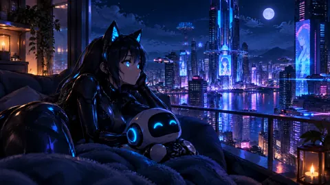 Cat-Eared Android Over Cyberpunk City