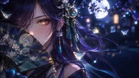 Violet-Haired Performer With Silk Fan