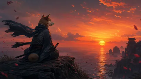 Samurai Dog Above Ocean Sunset