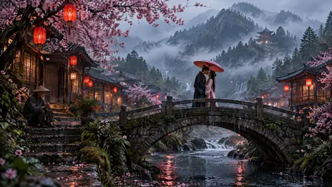 Couple Kissing Under Red Umbrella