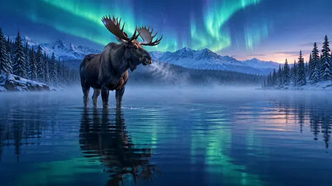 Moose Under Northern Lights