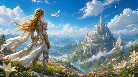 Blonde Warrior Overlooking Castle