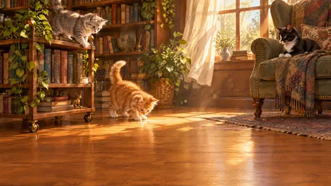 Kittens in a Plant-Filled Library