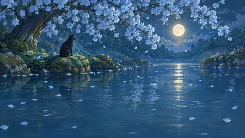 Black Cat by Moonlit Pond