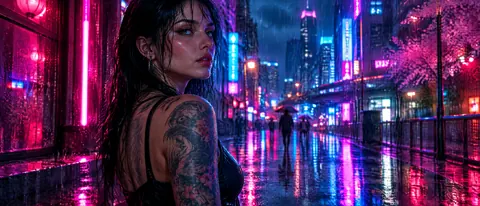 Tattooed Woman on Neon Street