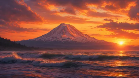 Mount Rainier Above Ocean Waves