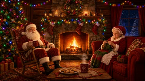 Santa and Mrs Claus by Fireplace