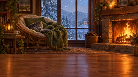 Gray Cat by Fireplace