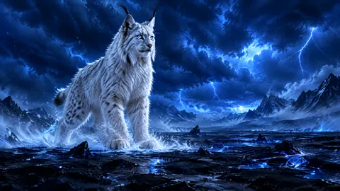 White Lynx in Lightning Storm