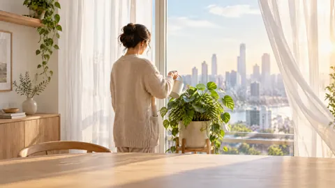 Woman Watering Houseplant by Window