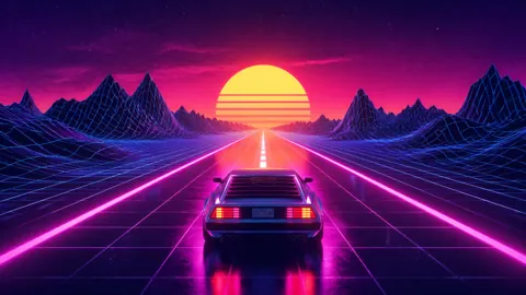 Chrome Car and Neon Sun