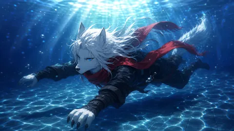 White Wolf Swimming Underwater