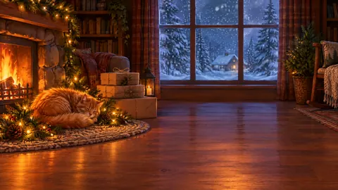Ginger Cat by Christmas Fireplace