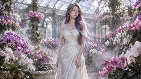 Lavender-Haired Woman in Orchid Greenhouse
