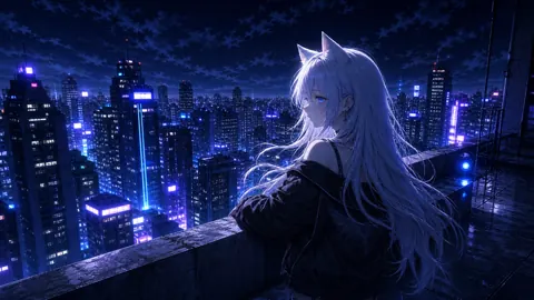 Cat-Eared Girl on Neon Rooftop