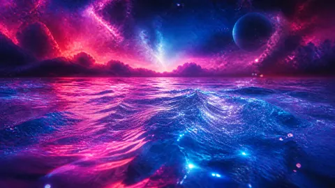 Neon Cosmic Waves Under Planets