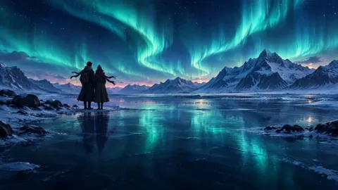 Travelers Under Turquoise Aurora
