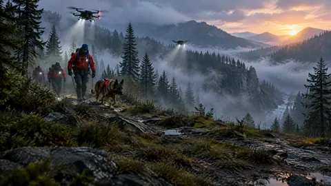 Mountain Rescue Team With Drones
