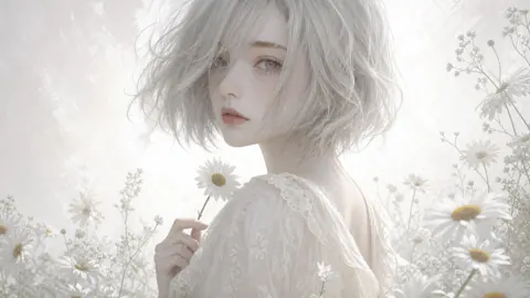White-Haired Anime Girl with Daisy