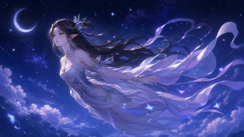 Elf Fairy Flying Under Crescent Moon