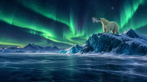 Polar Bear Under Aurora
