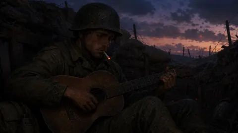 Soldier Playing Guitar in Trench