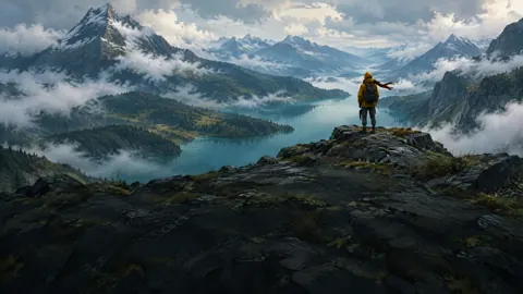 Hiker Above Teal Lakes