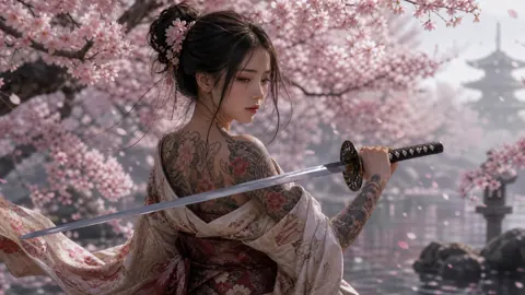 Kimono Swordswoman Under Cherry Blossoms