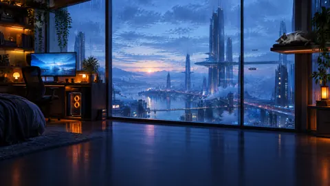 Futuristic Apartment Cat at Dawn