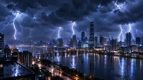 Lightning Storm Over City River