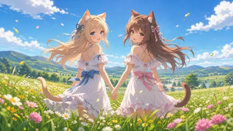 Anime Catgirl Twins in Flower Field