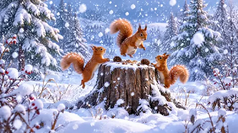 Red Squirrels on Snowy Stump