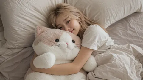 Blonde Woman Hugging Plush Cat