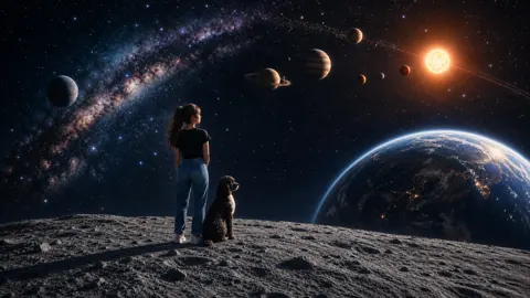 Girl and Cocker Poodle on Moon