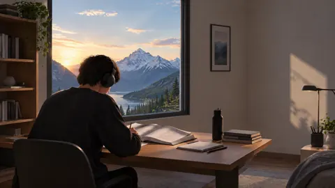 Student Studying by Mountain Lake