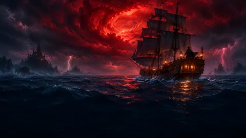 Lantern Ship Beneath Crimson Storm
