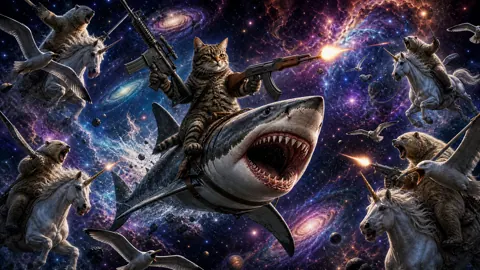 Tabby Cat Riding Great White Shark
