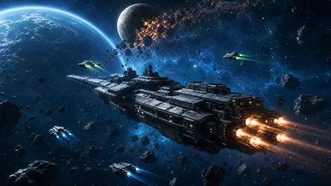 Battle Carrier in Asteroid Field