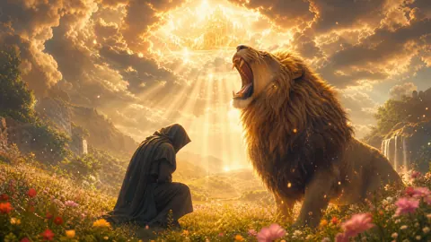 Kneeling Man Beside Giant Lion
