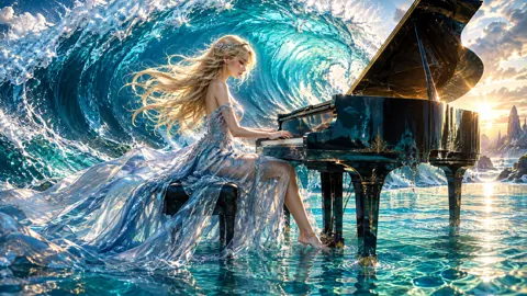Pianist Before Turquoise Wave