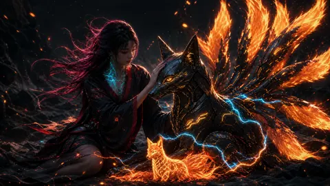 Cyberpunk Warrior With Nine-Tailed Kitsune